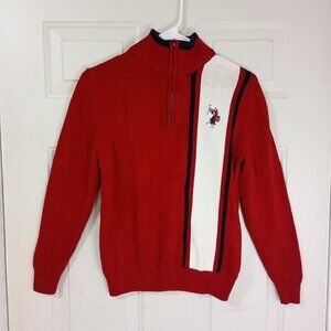 U.S. Polo Assn Sweater Boys Red Quarter-Zip Embroidered Logo Striped Design Sz M